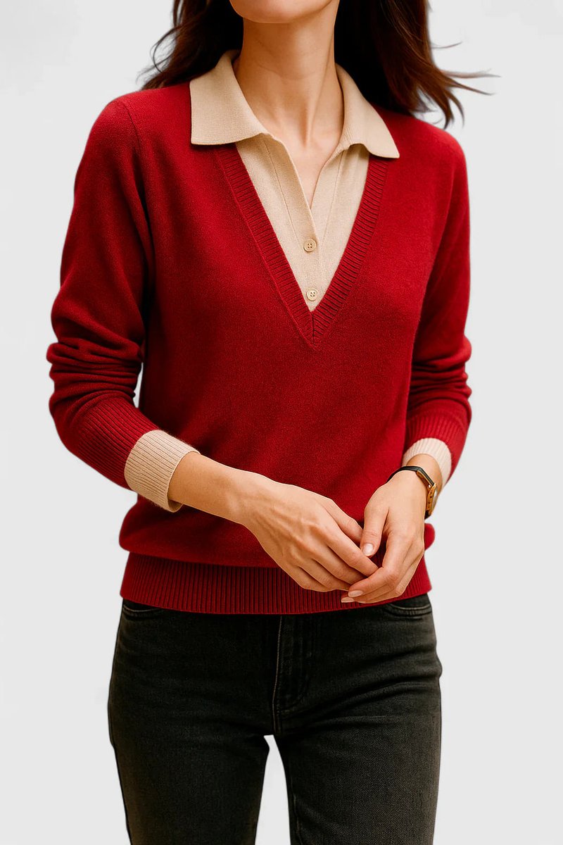 Polo Collar V-Neck Contrast Trim Long Sleeve Knit Sweater 10