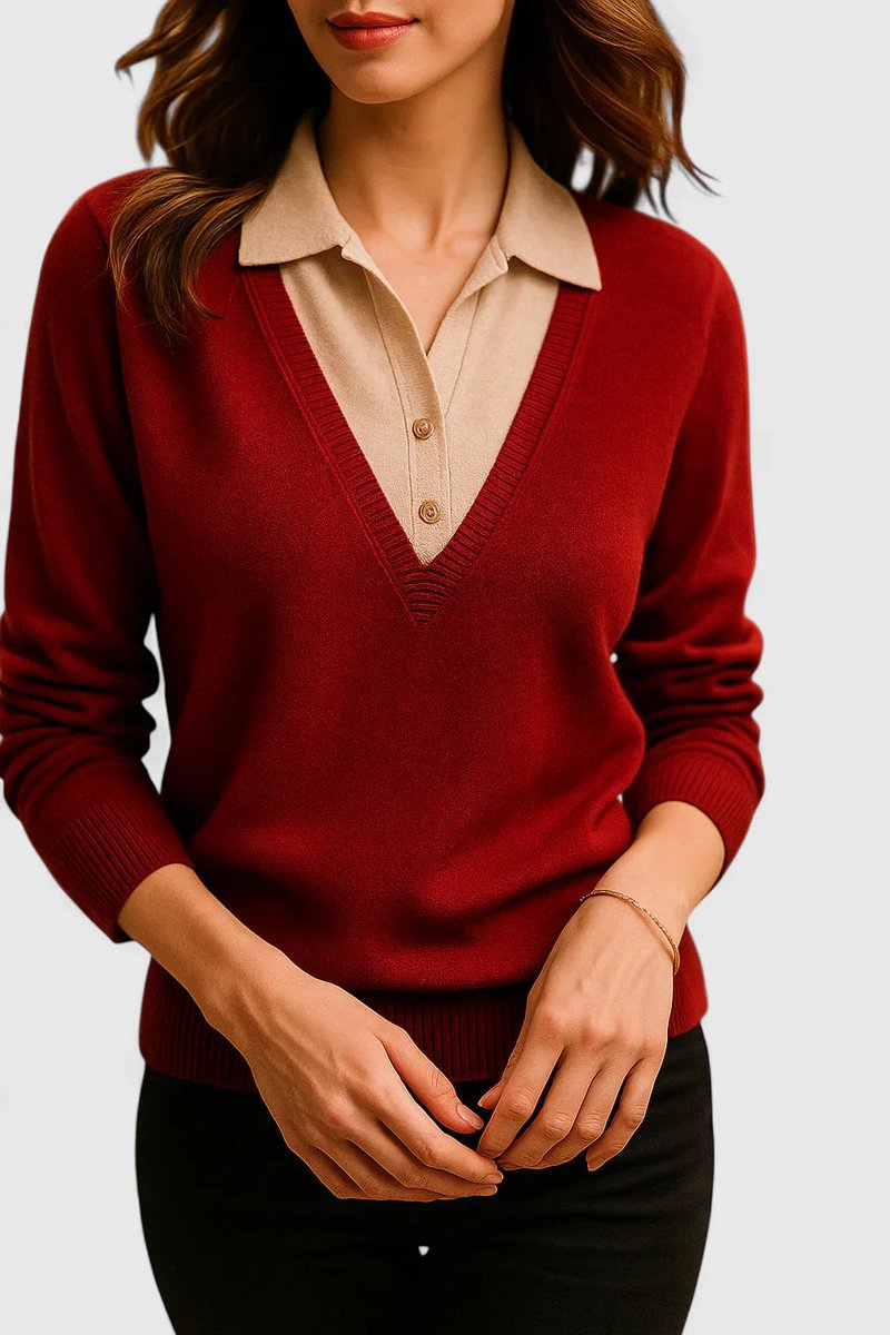 Polo Collar V-Neck Contrast Trim Long Sleeve Knit Sweater 11