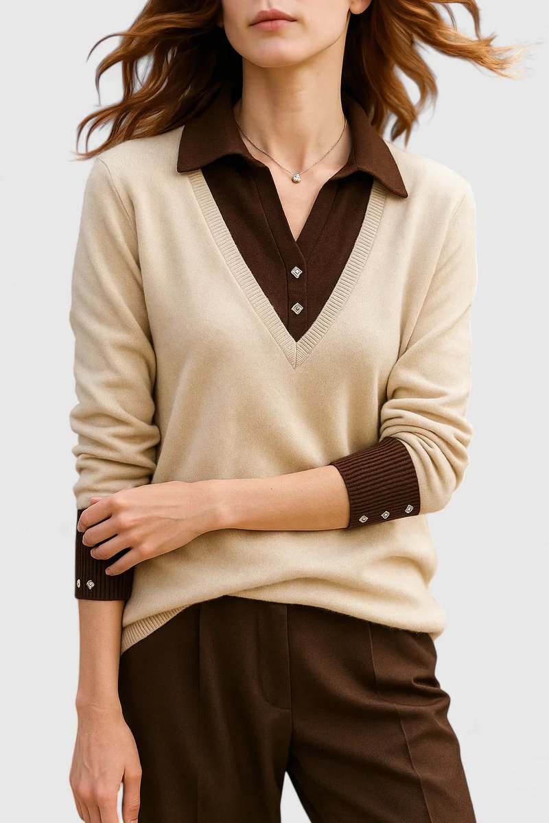 Polo Collar V-Neck Contrast Trim Long Sleeve Knit Sweater 12