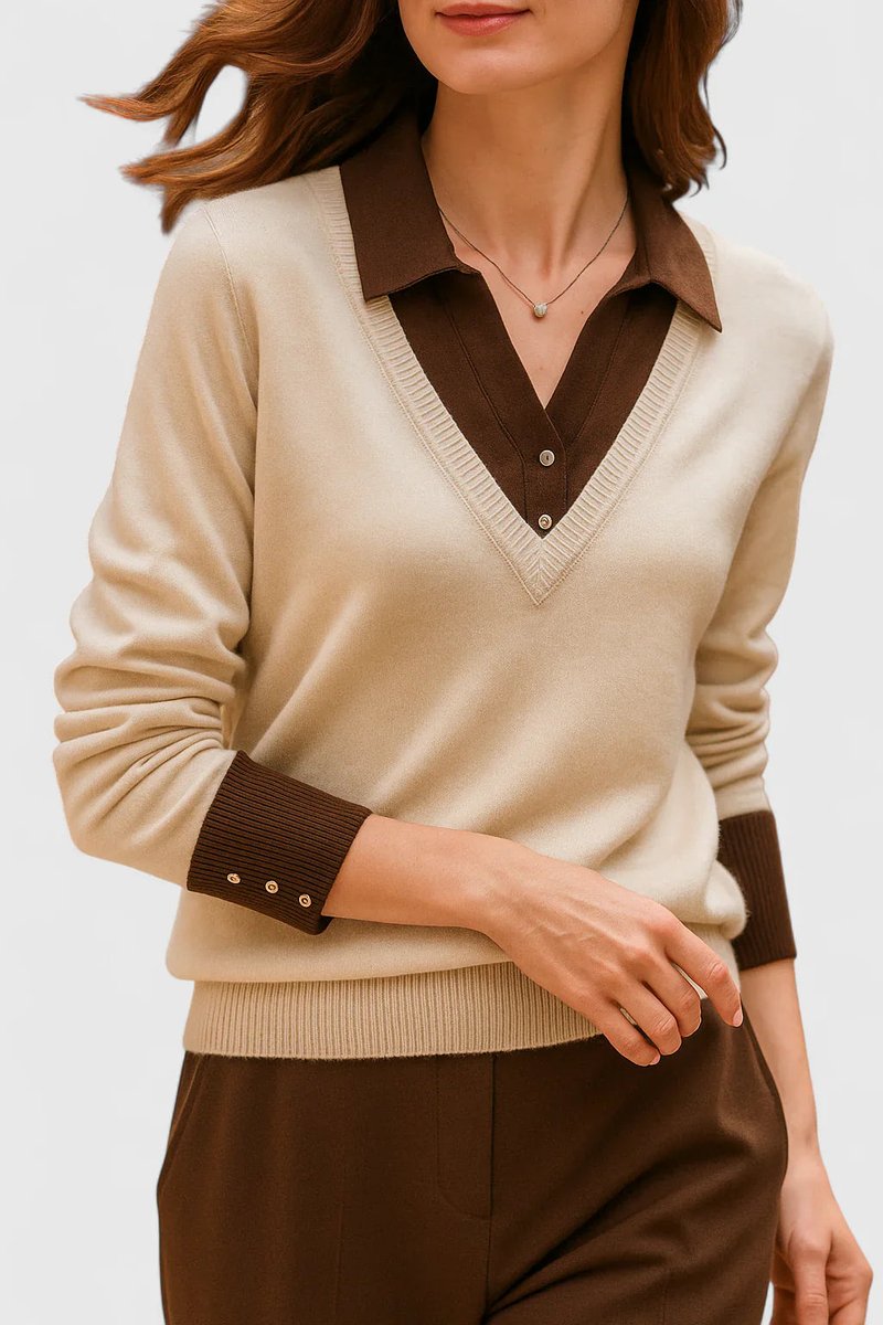 Polo Collar V-Neck Contrast Trim Long Sleeve Knit Sweater 13
