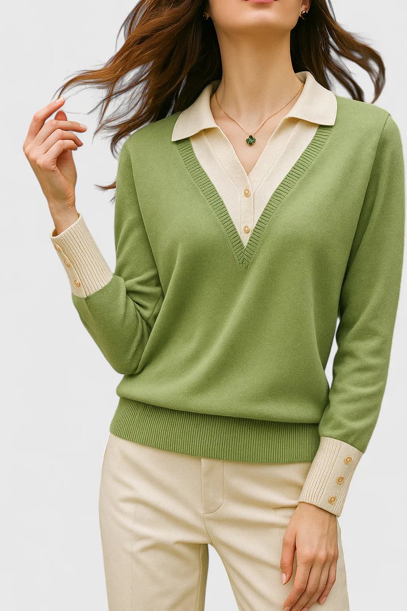 Polo Collar V-Neck Contrast Trim Long Sleeve Knit Sweater 16
