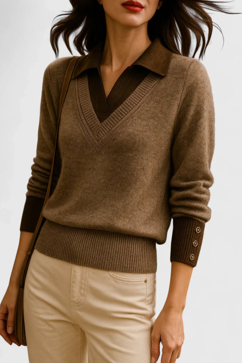 Polo Collar V-Neck Contrast Trim Long Sleeve Knit Sweater 18