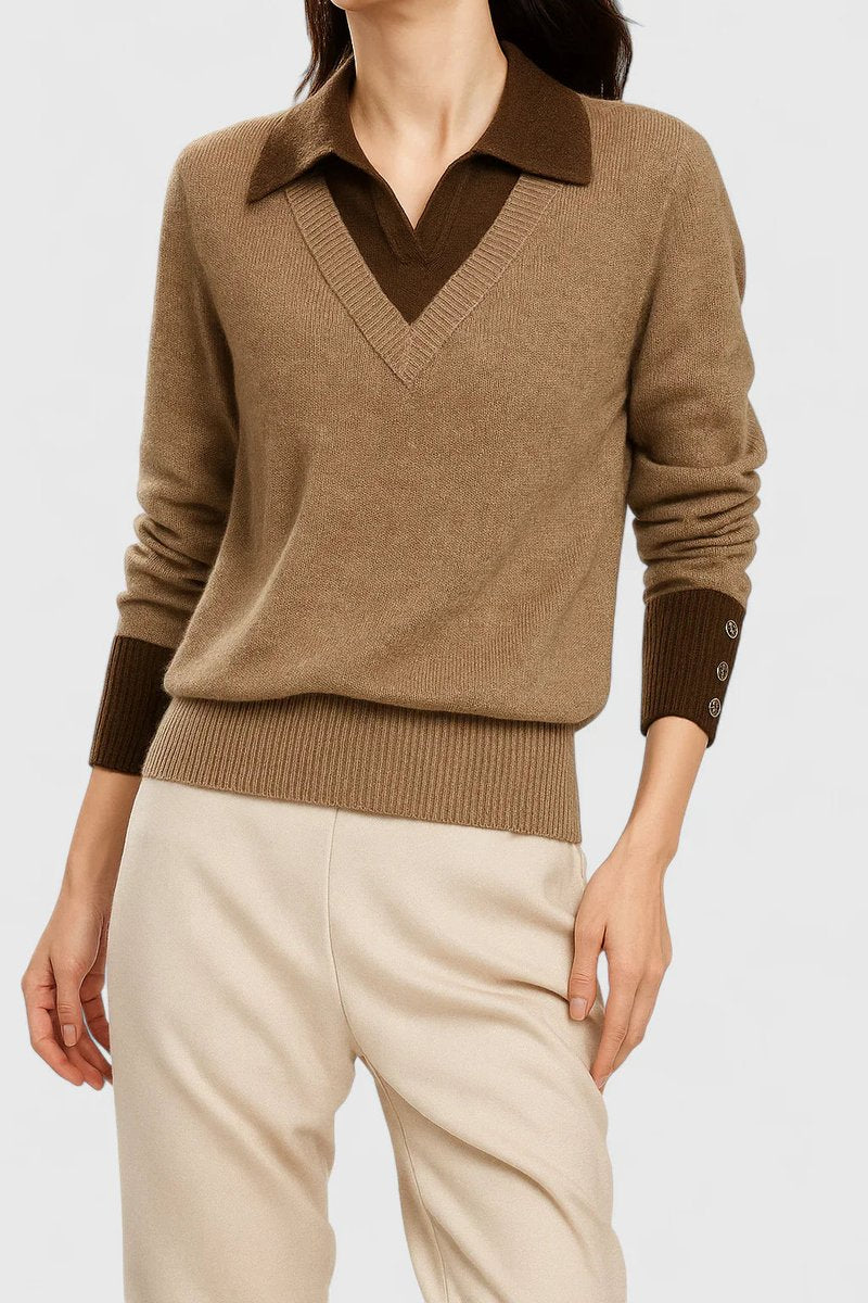 Polo Collar V-Neck Contrast Trim Long Sleeve Knit Sweater 3