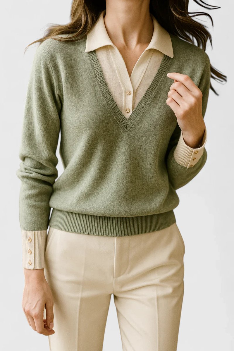 Polo Collar V-Neck Contrast Trim Long Sleeve Knit Sweater 8