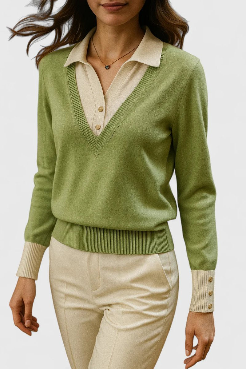 Polo Collar V-Neck Contrast Trim Long Sleeve Knit Sweater 9