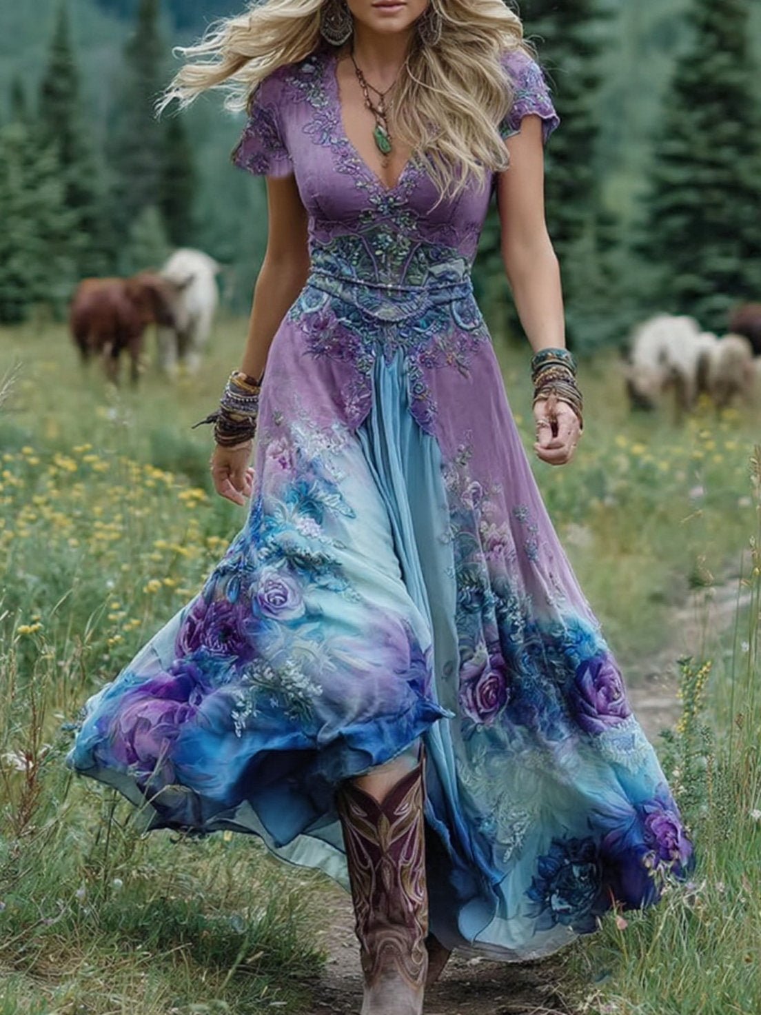 Floral Print V-Neck Short Sleeve Maxi Dress