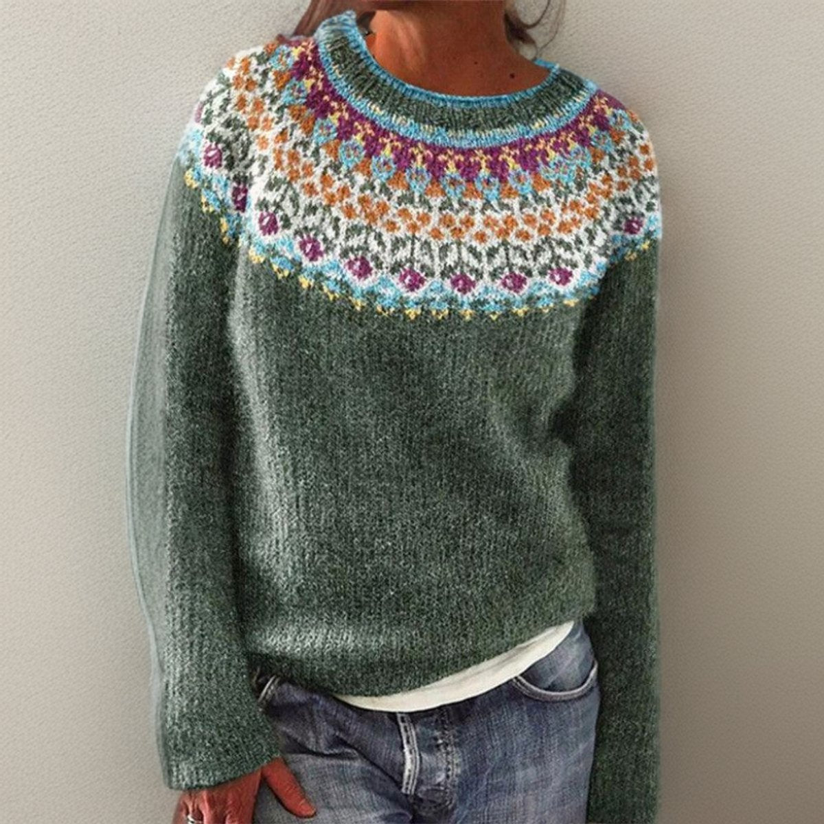 Crew Neck Fair Isle Yoke Long Sleeve Knit Sweater