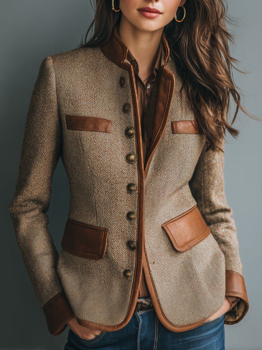 Herringbone Tweed Faux Leather Trim Button Front Stand Collar Blazer