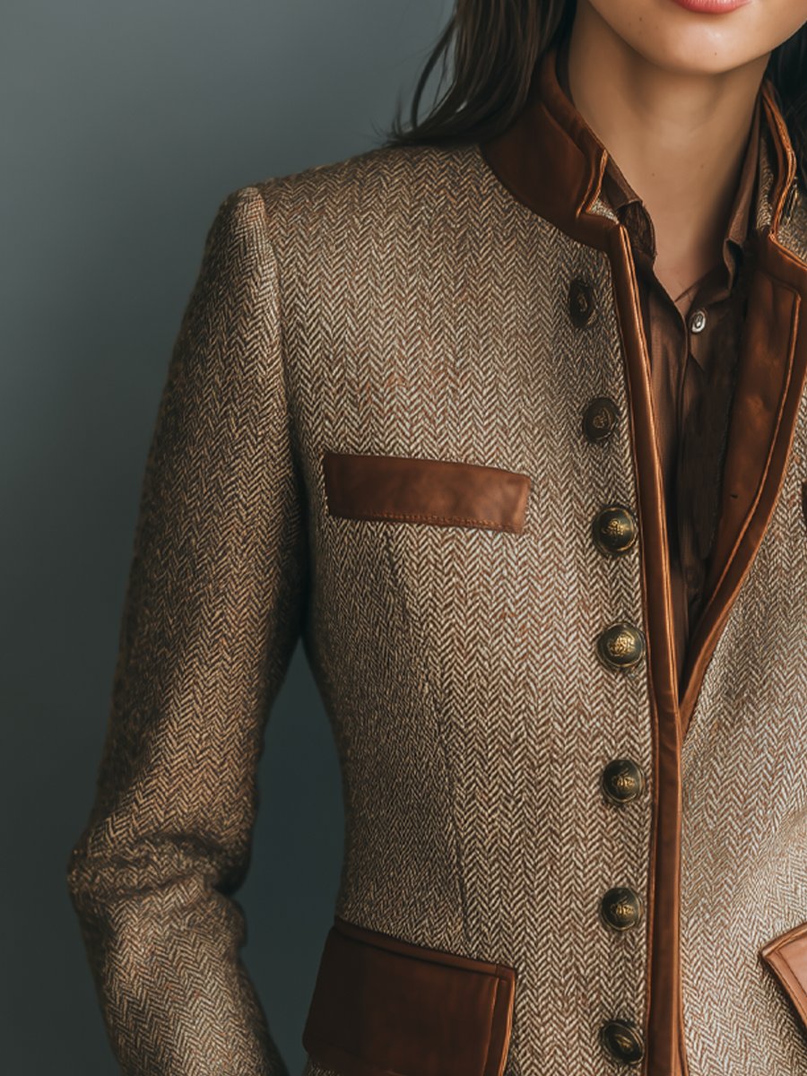 Herringbone Tweed Faux Leather Trim Button Front Stand Collar Blazer 2