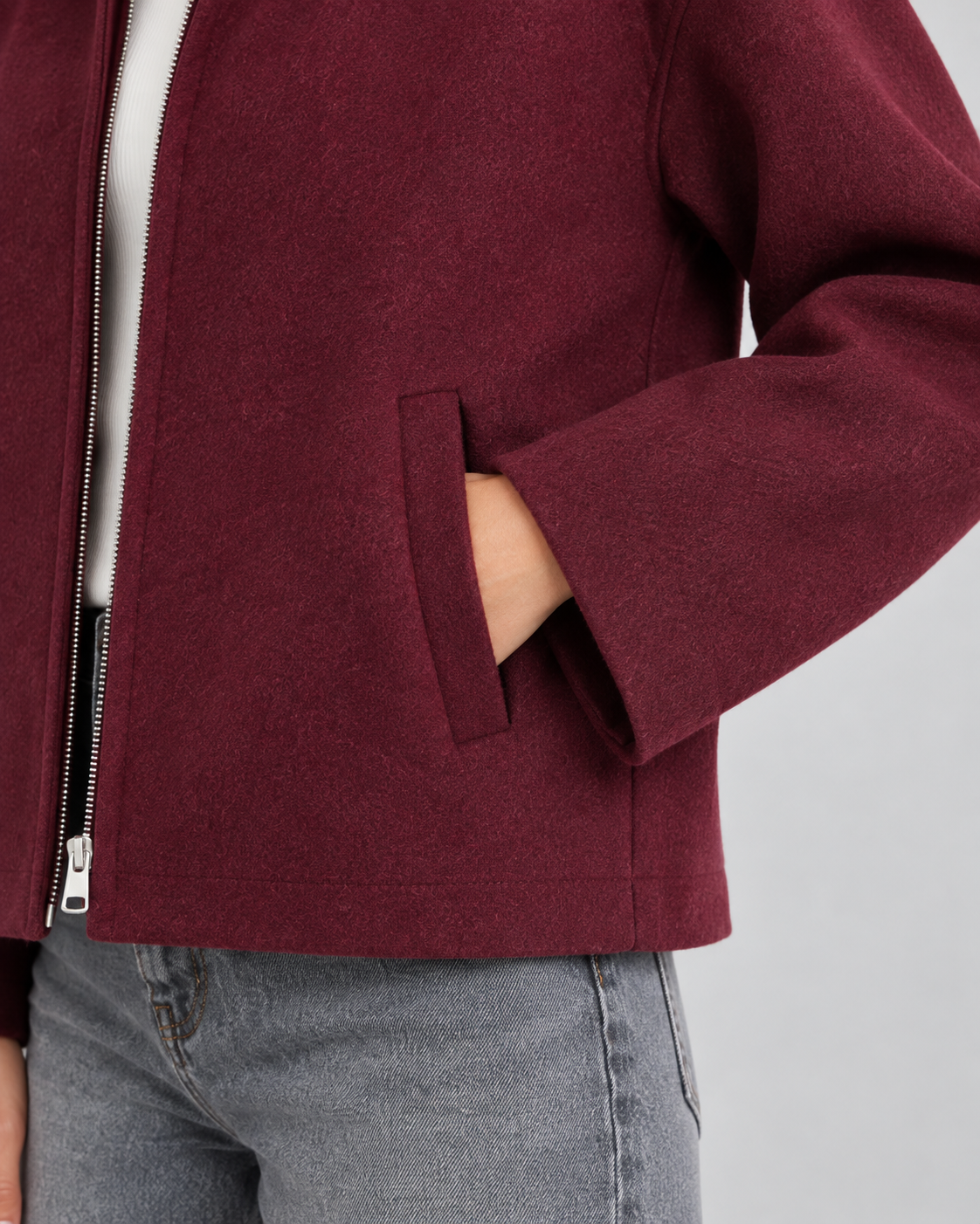 Wool Look Point Collar Zip Front Cropped Jacket 2