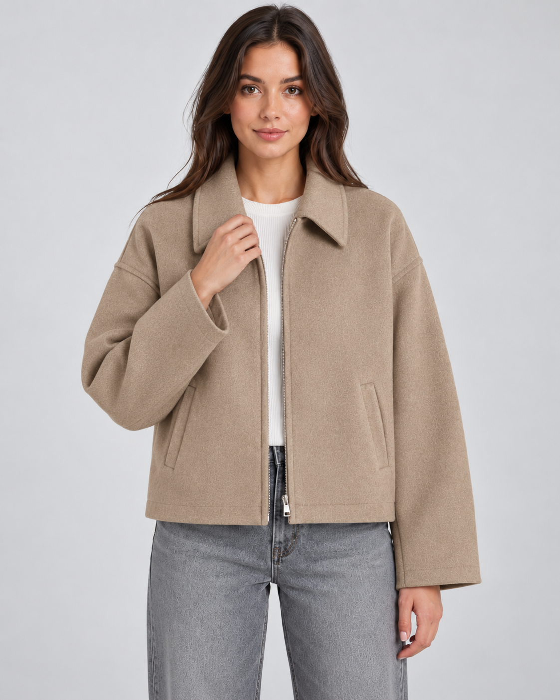 Wool Look Point Collar Zip Front Cropped Jacket 6
