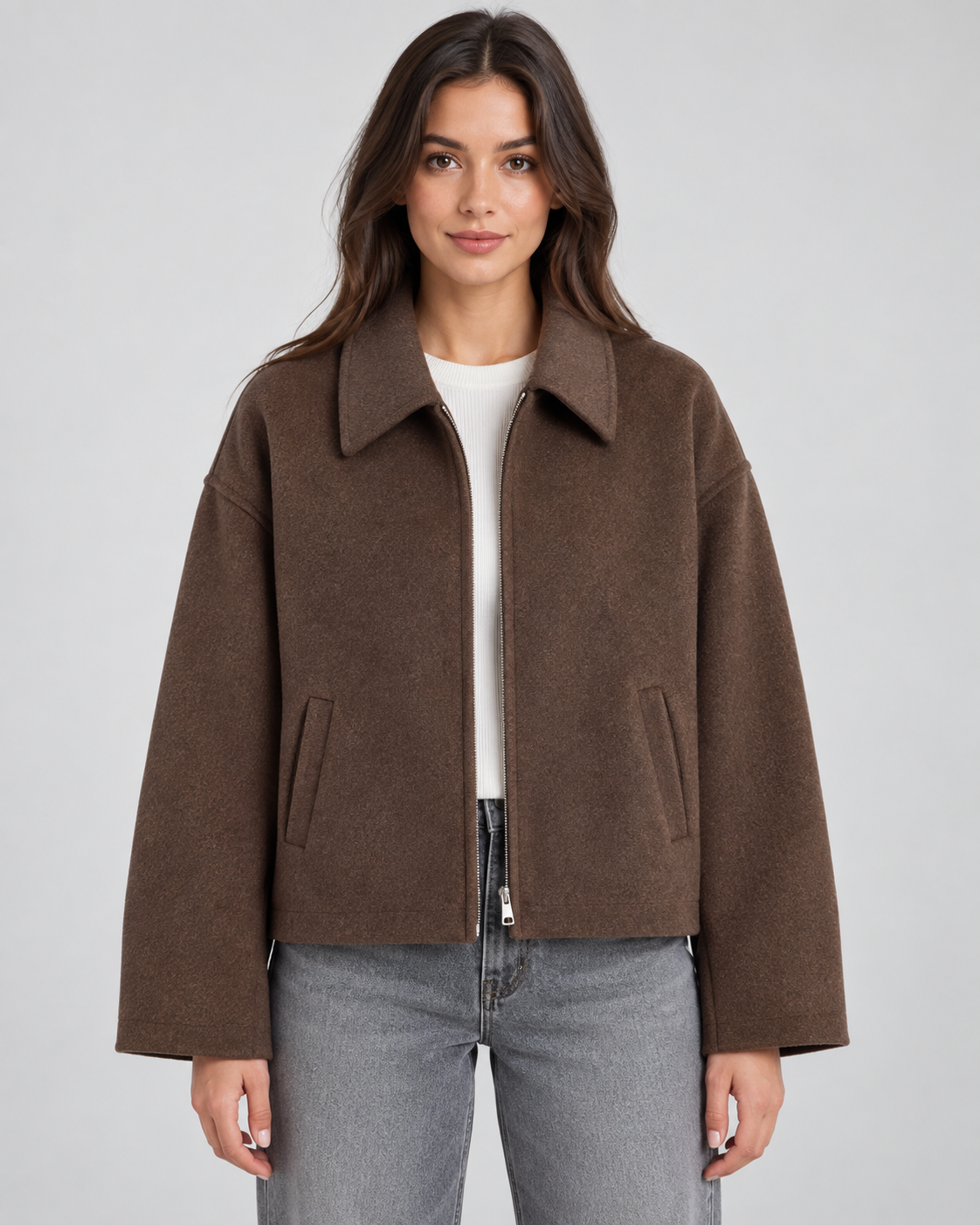 Wool Look Point Collar Zip Front Cropped Jacket 9