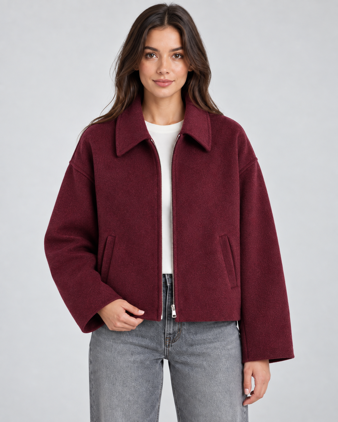 Wool Look Point Collar Zip Front Cropped Jacket