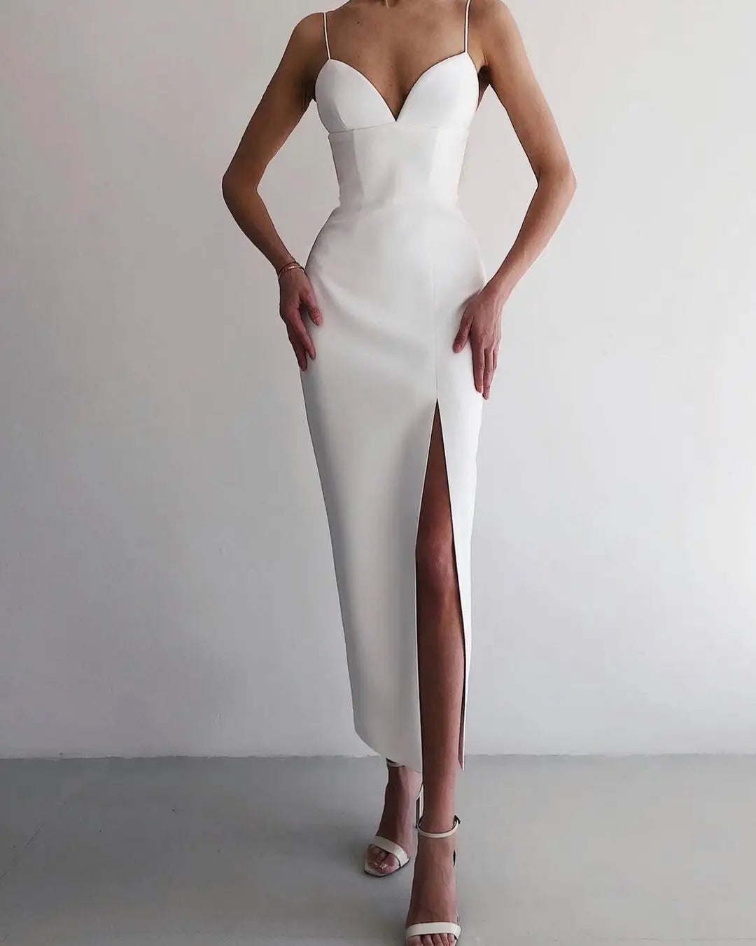 Spaghetti Strap Sweetheart Corset High Split Bodycon Midi Dress - View 10
