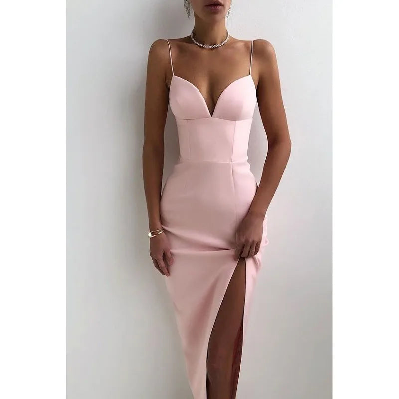 Spaghetti Strap Sweetheart Corset High Split Bodycon Midi Dress - View 8