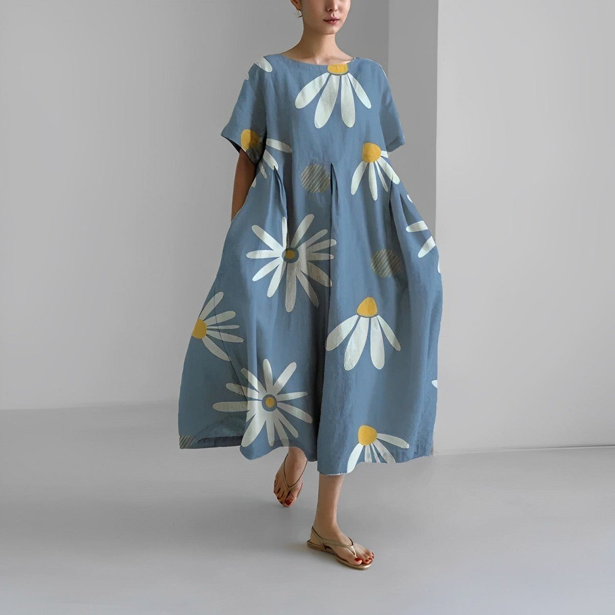 Abstract Floral Round Neck Short Sleeve Pleated Maxi Dress 5