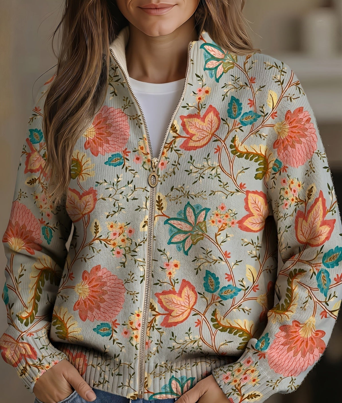 Floral Print Zip Front Ribbed Knit Bomber Jacket