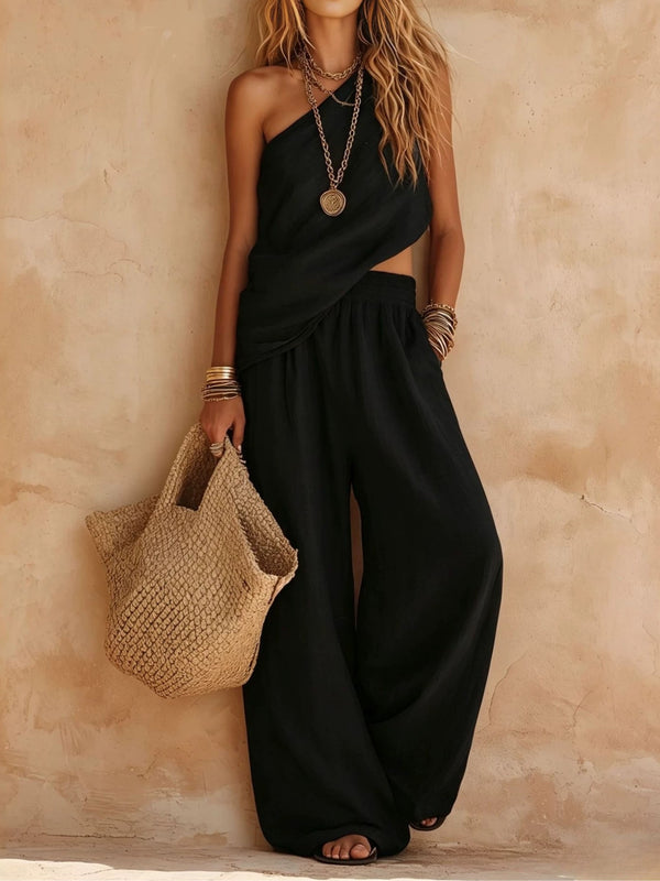 One Shoulder Cut Out Top and Wide Leg Pants Two Piece Set 6