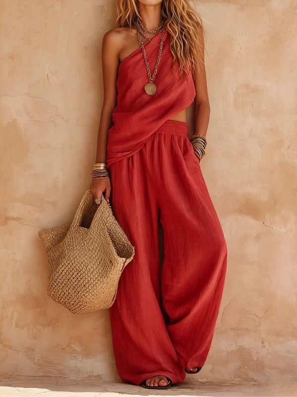 One Shoulder Cut Out Top and Wide Leg Pants Two Piece Set 9