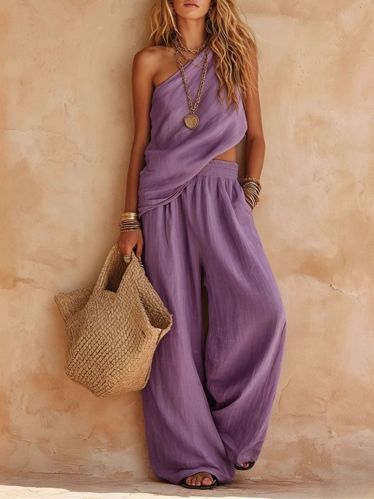 One Shoulder Asymmetric Top and Wide Leg Pants Two Piece Set 3