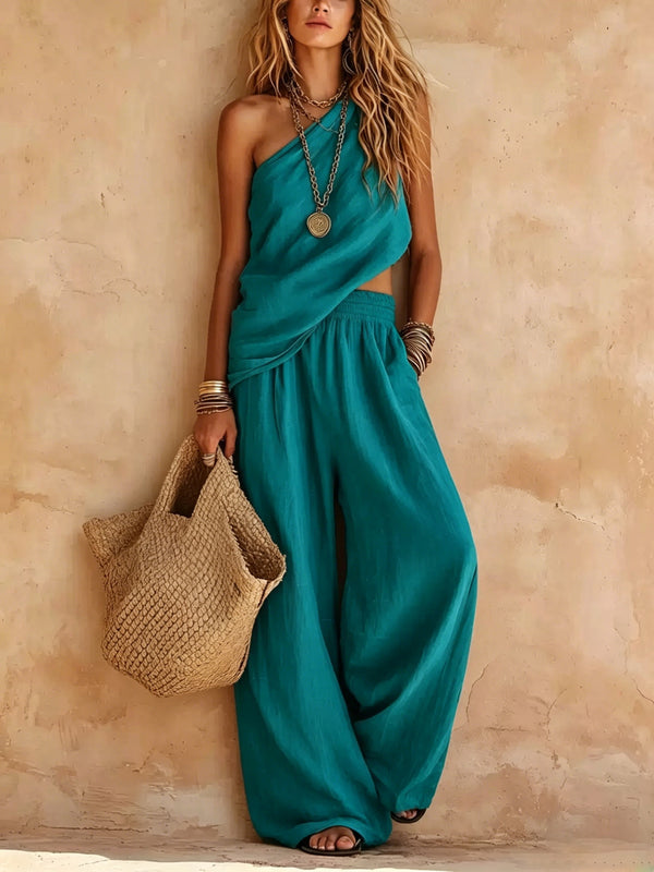 One Shoulder Cut Out Top and Wide Leg Pants Two Piece Set 10