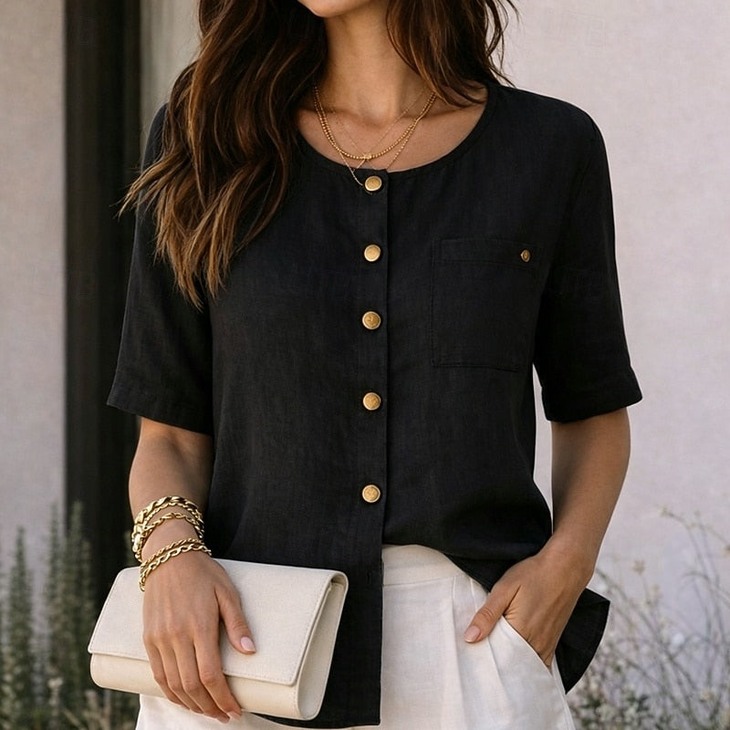 Round Neck Short Sleeve Button Front Blouse 5