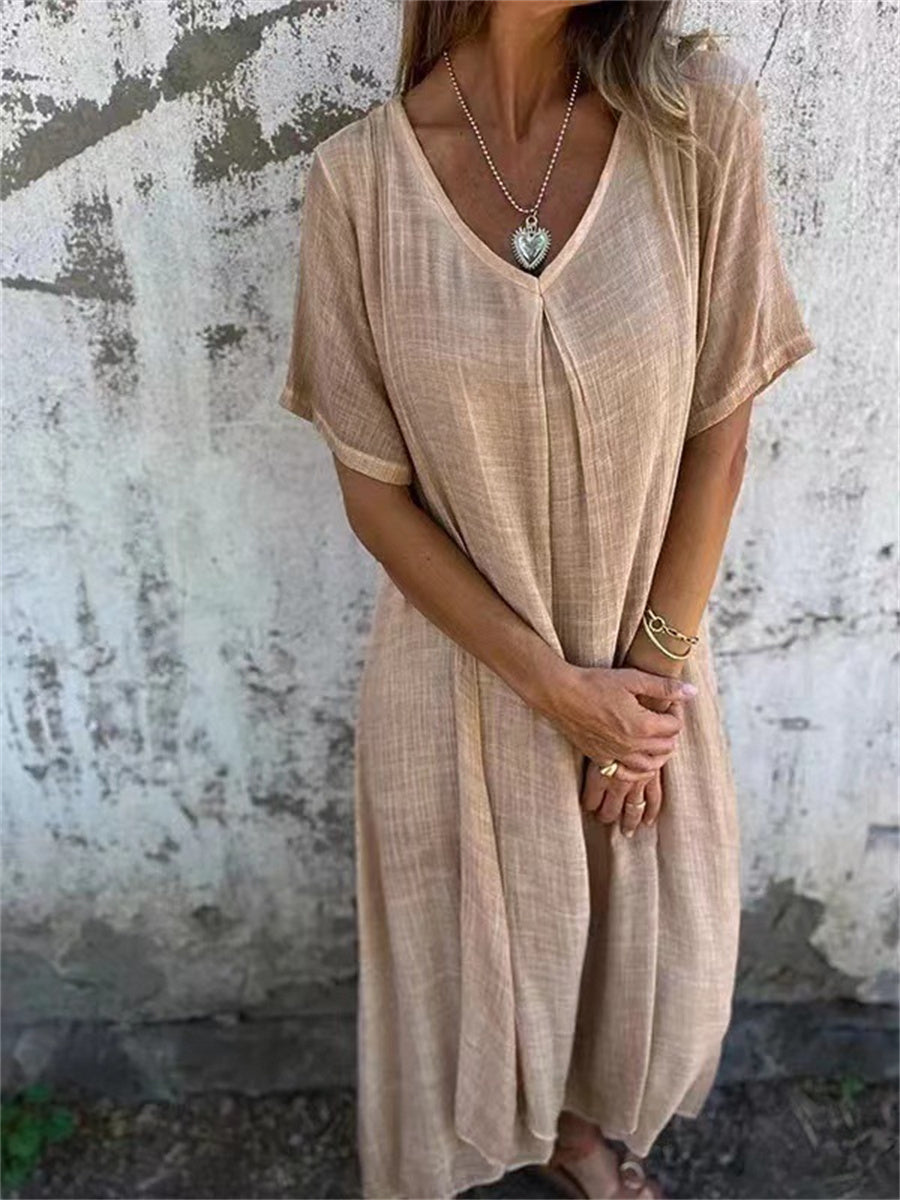 Deep V-Neck Short Sleeve Oversized Relaxed Maxi Dress