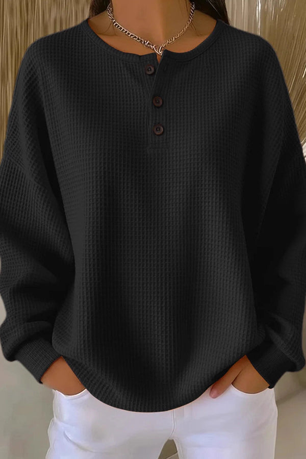 Round Neck Long Sleeve Waffle Knit Henley Sweater 5