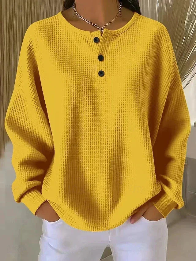 Waffle Knit Button Placket Drop Shoulder Sweater 6