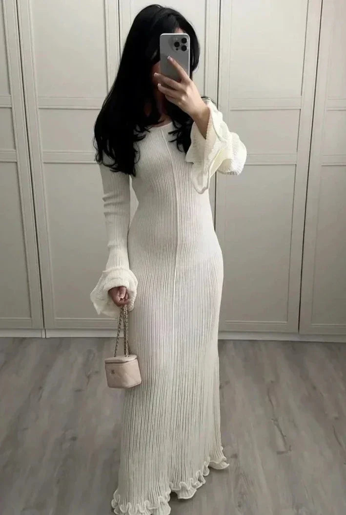 Rib Knit Long Sleeve Ruffle Cuff Ruffle Hem Maxi Dress