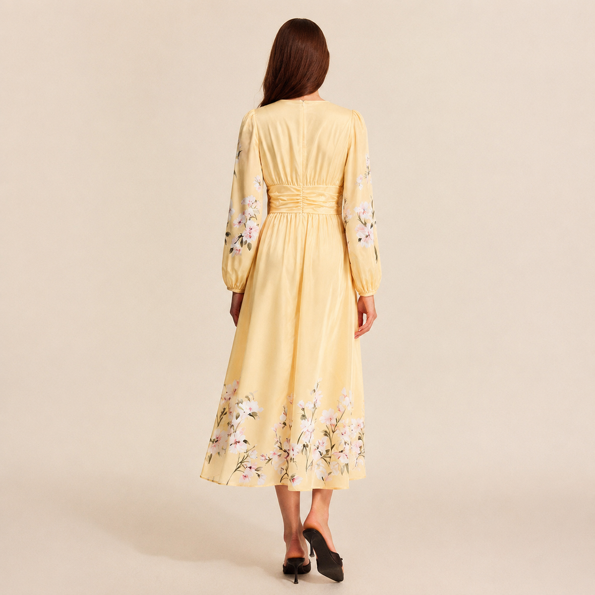 Floral V-Neck Long Sleeve Pleated Chiffon Maxi Dress 21
