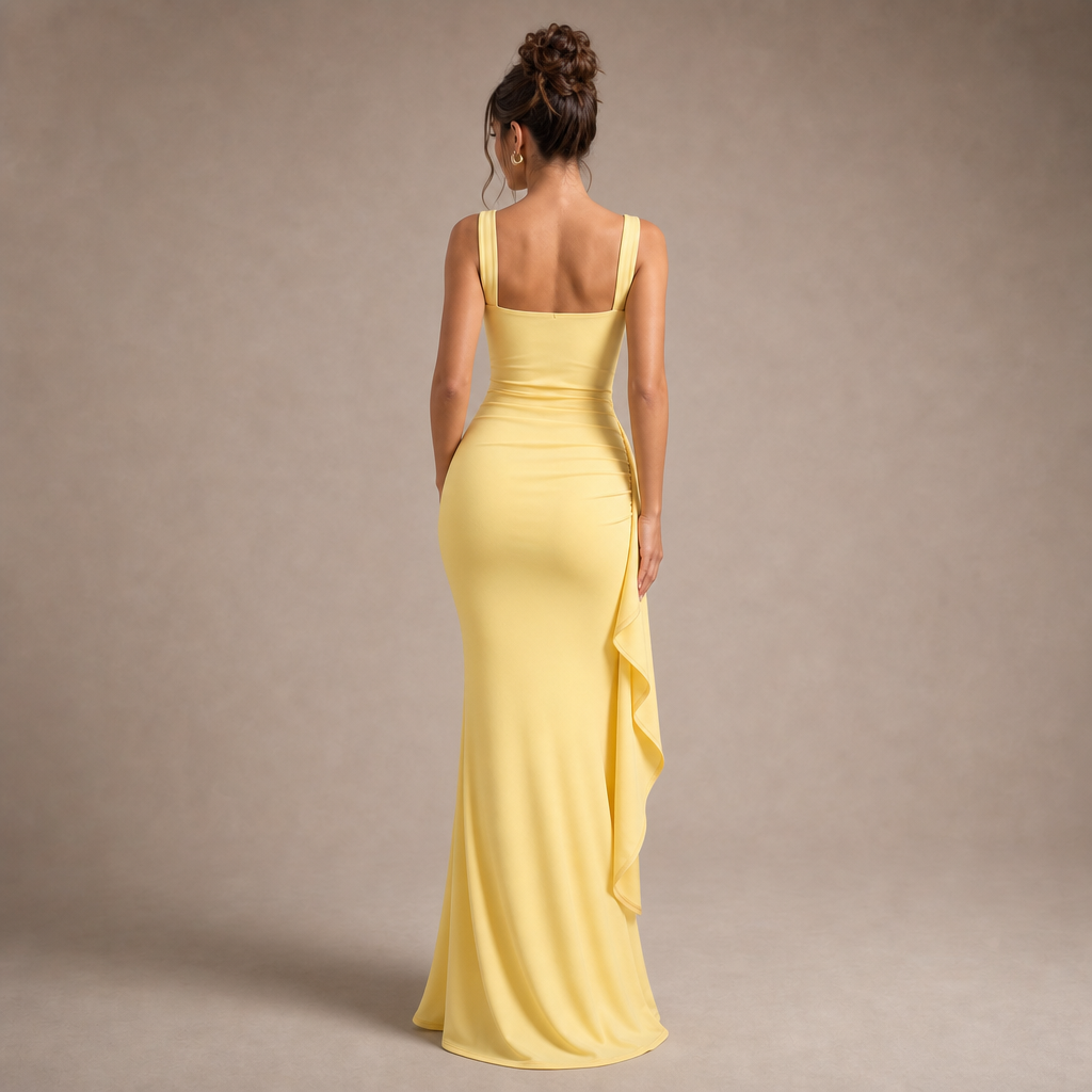 Square Neck Sleeveless Ruched High Split Fishtail Maxi Gown 21