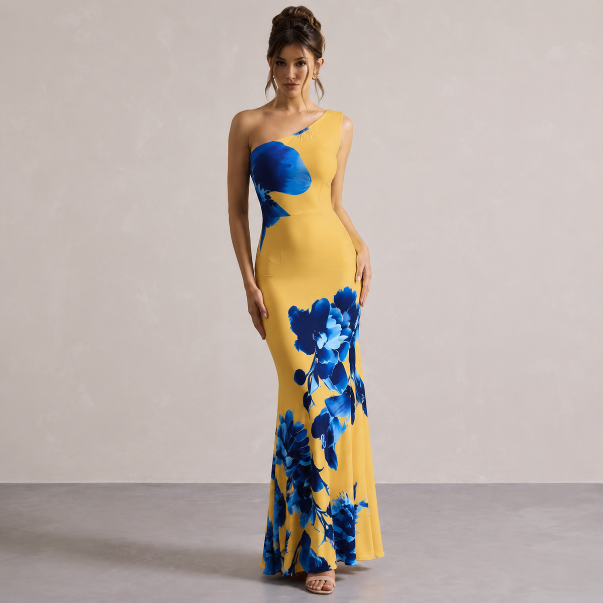 Floral One Shoulder Ruched Fishtail Maxi Dress 4