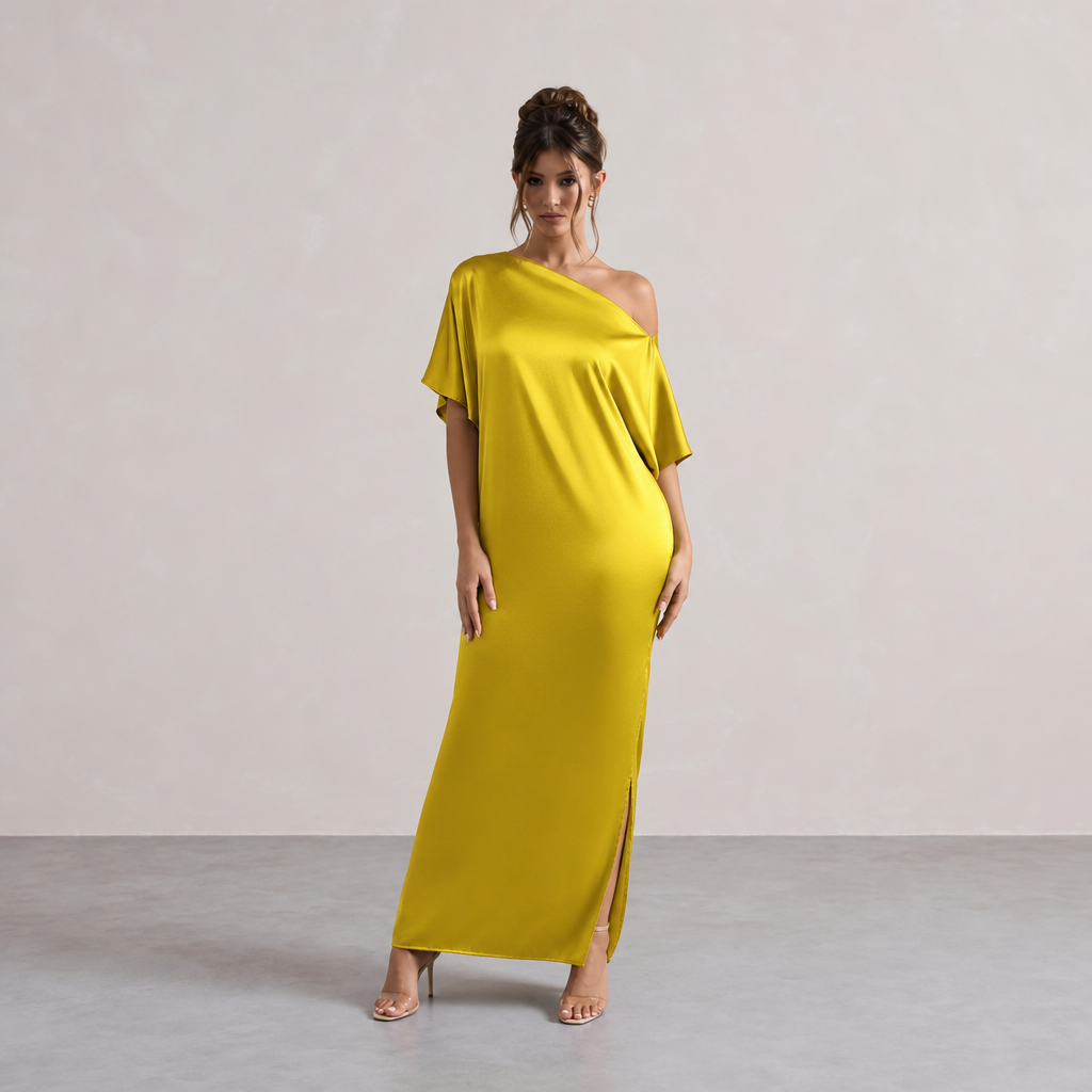 One Shoulder Batwing Sleeve Satin Side Split Maxi Dress 13