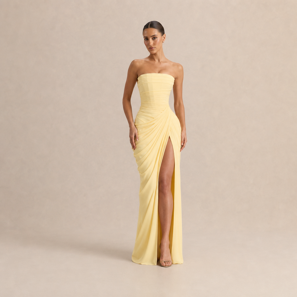 Strapless Ruched Draped High Split Maxi Gown 7