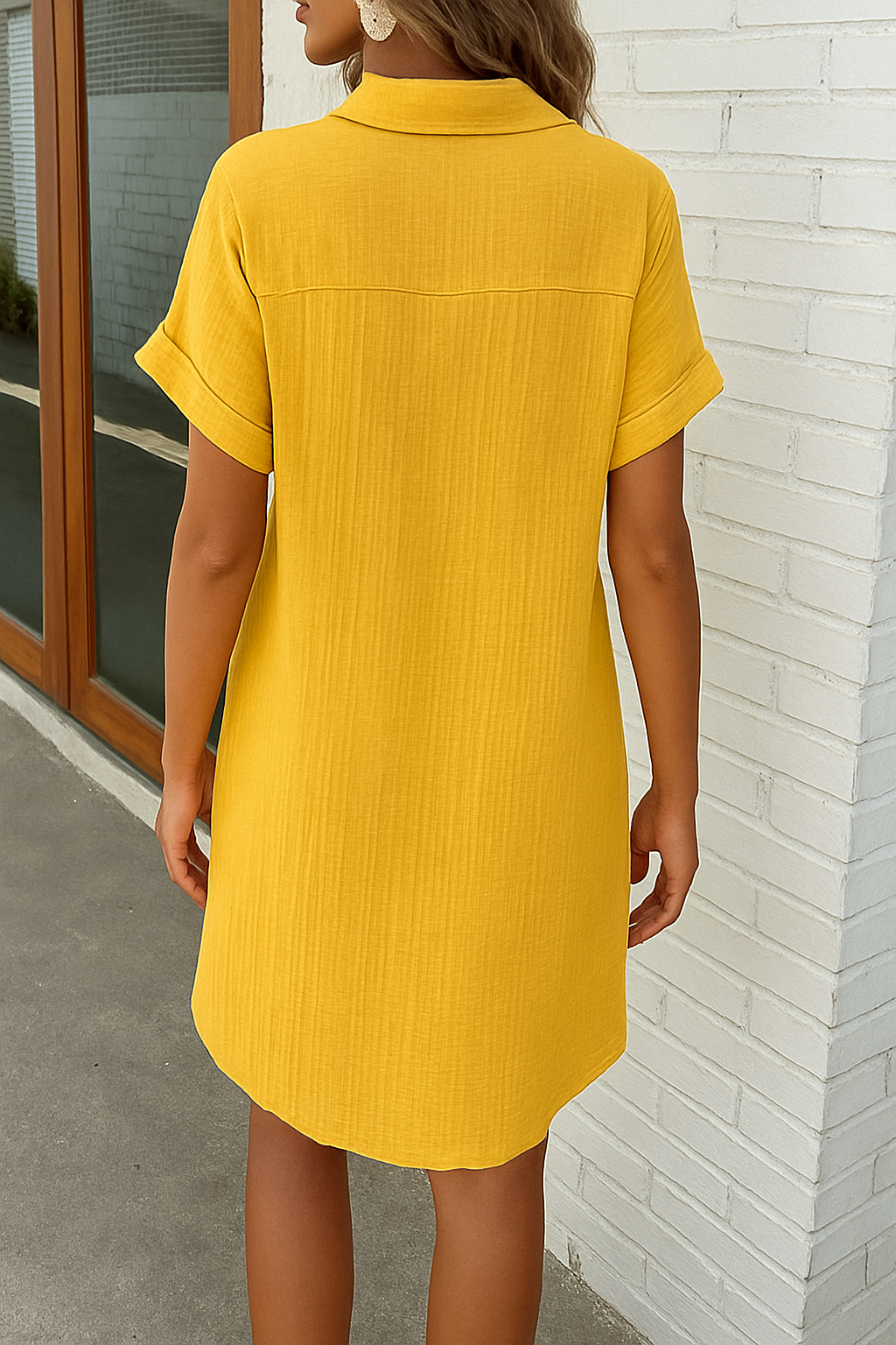 Textured Gauze Button Front Short Sleeve Shirt Dress 12