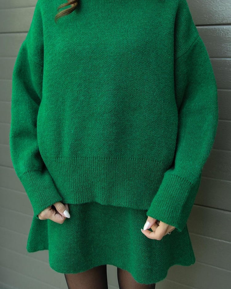 Crew Neck Oversized Knit Sweater and Mini Skirt Two Piece Set 14