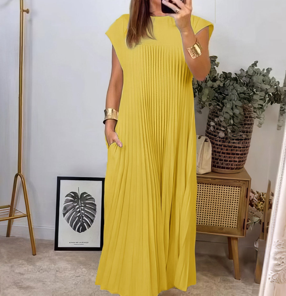Pleated Round Neck Cap Sleeve Pocket Maxi Dress 15