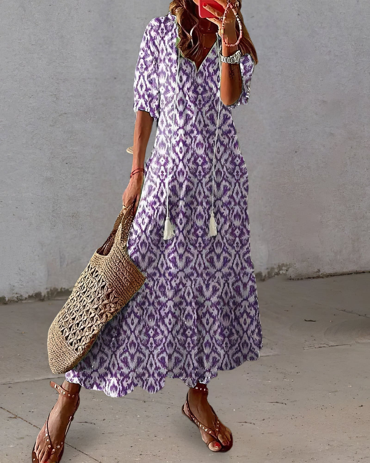 Ikat Print V-Neck Tassel Tie Tiered Maxi Dress 3