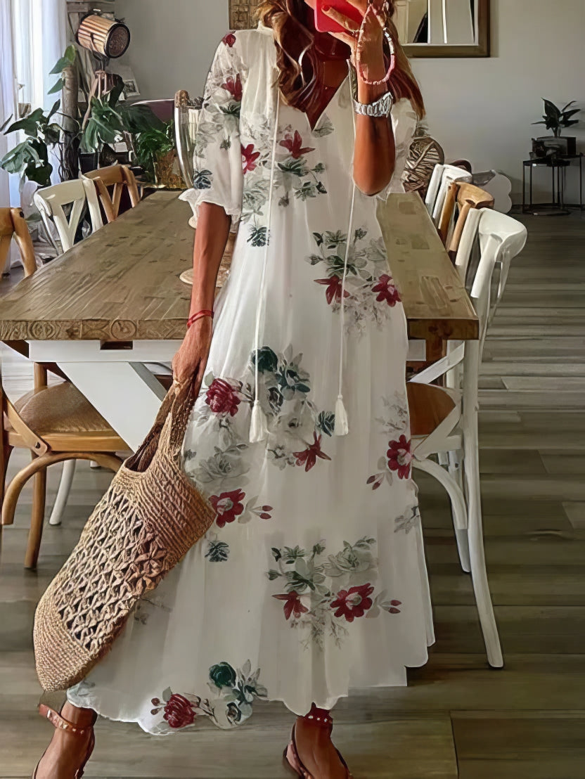 Ikat Print V-Neck Tassel Tie Tiered Maxi Dress 6