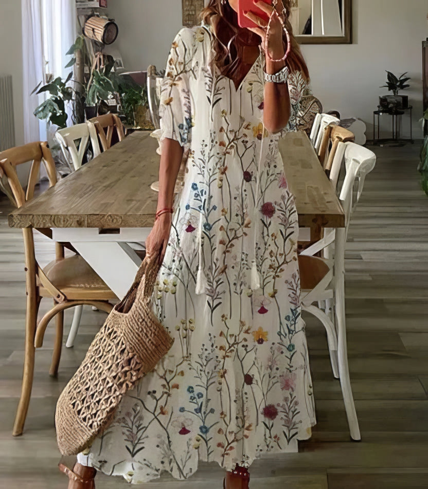 Ikat Print V-Neck Tassel Tie Tiered Maxi Dress 7