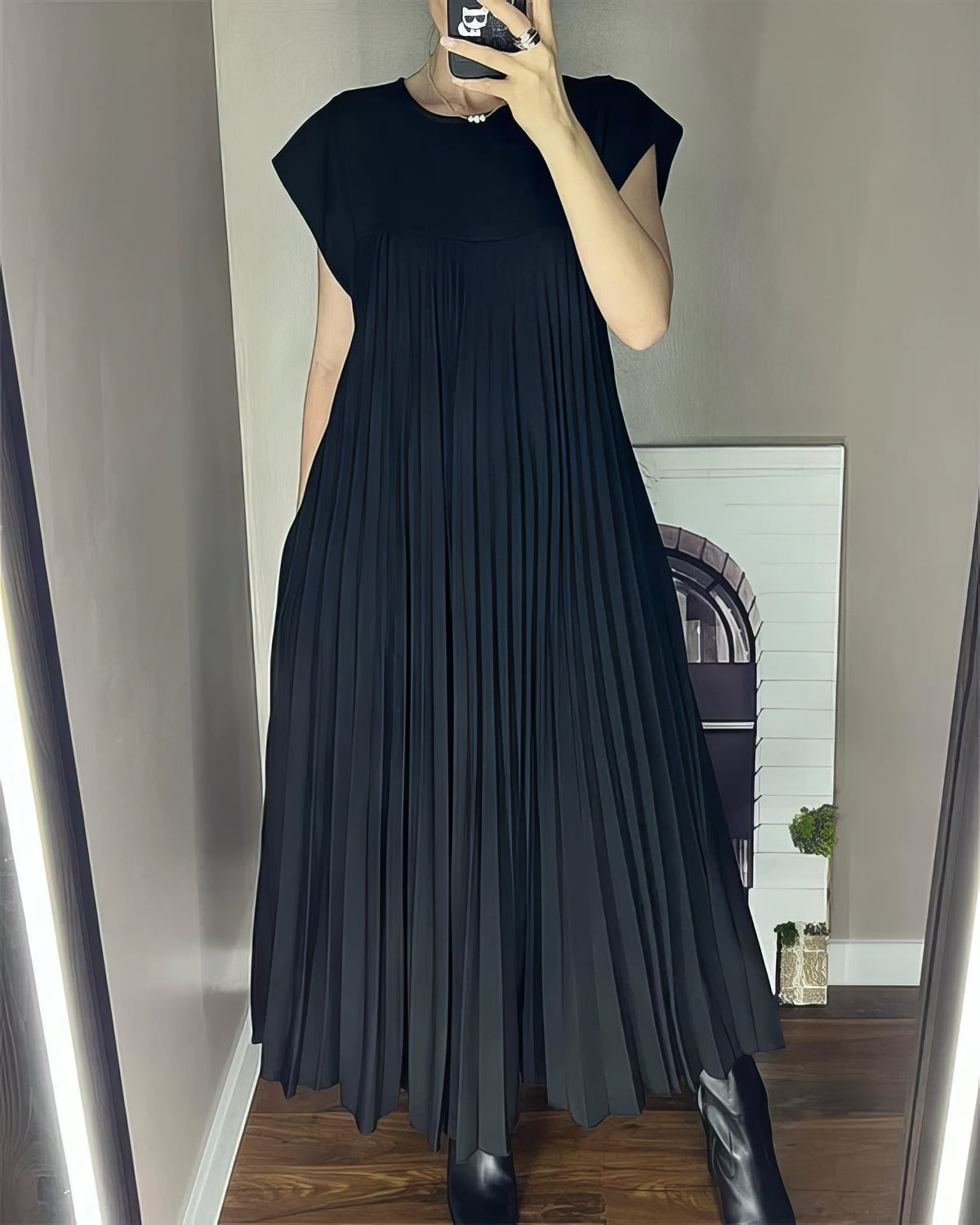 Pleated Round Neck Cap Sleeve Pocket Maxi Dress 14