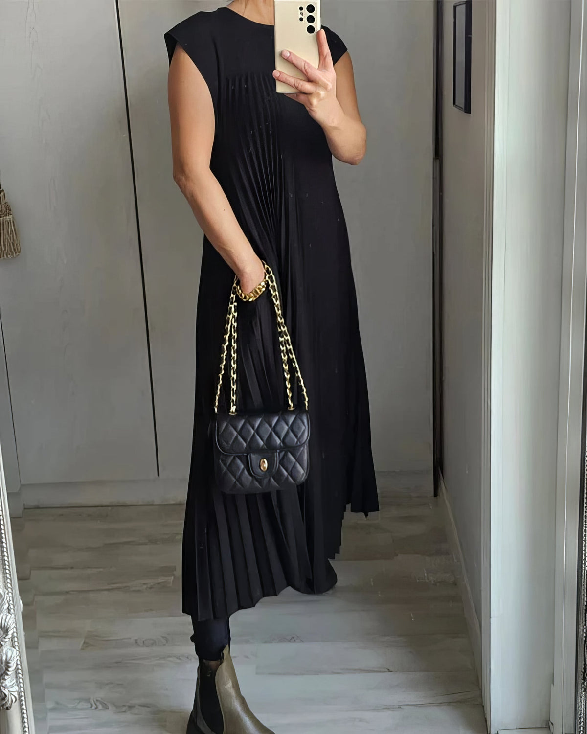 Pleated Round Neck Cap Sleeve Pocket Maxi Dress 8