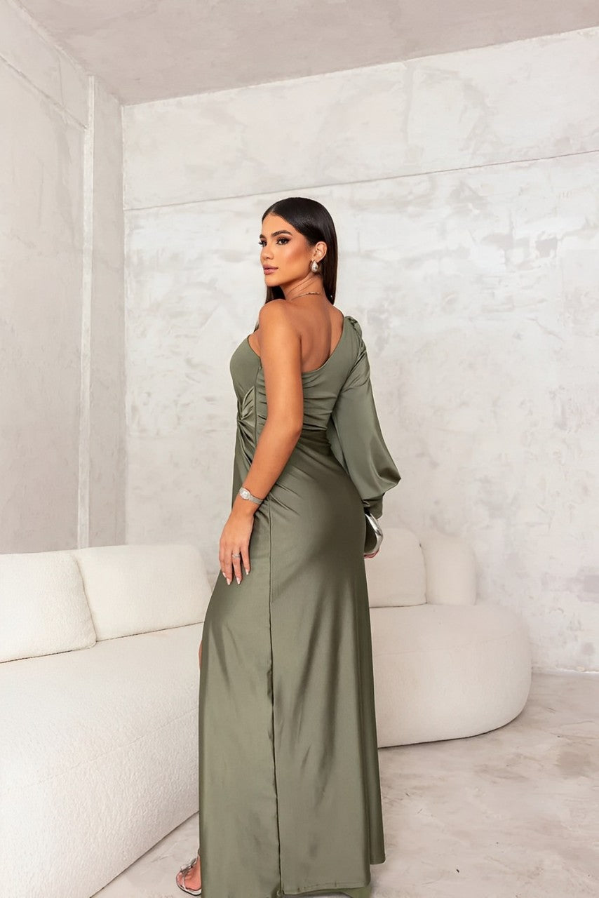 One Shoulder Long Sleeve Ruched Satin High Split Gown 5