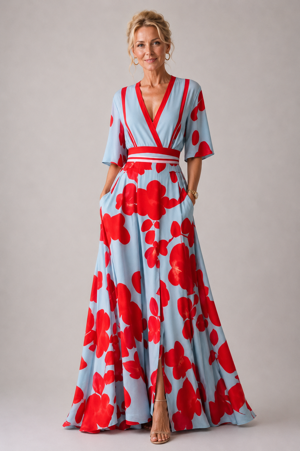Floral Satin Wrap V-Neck Three Quarter Sleeve Maxi Dress 6