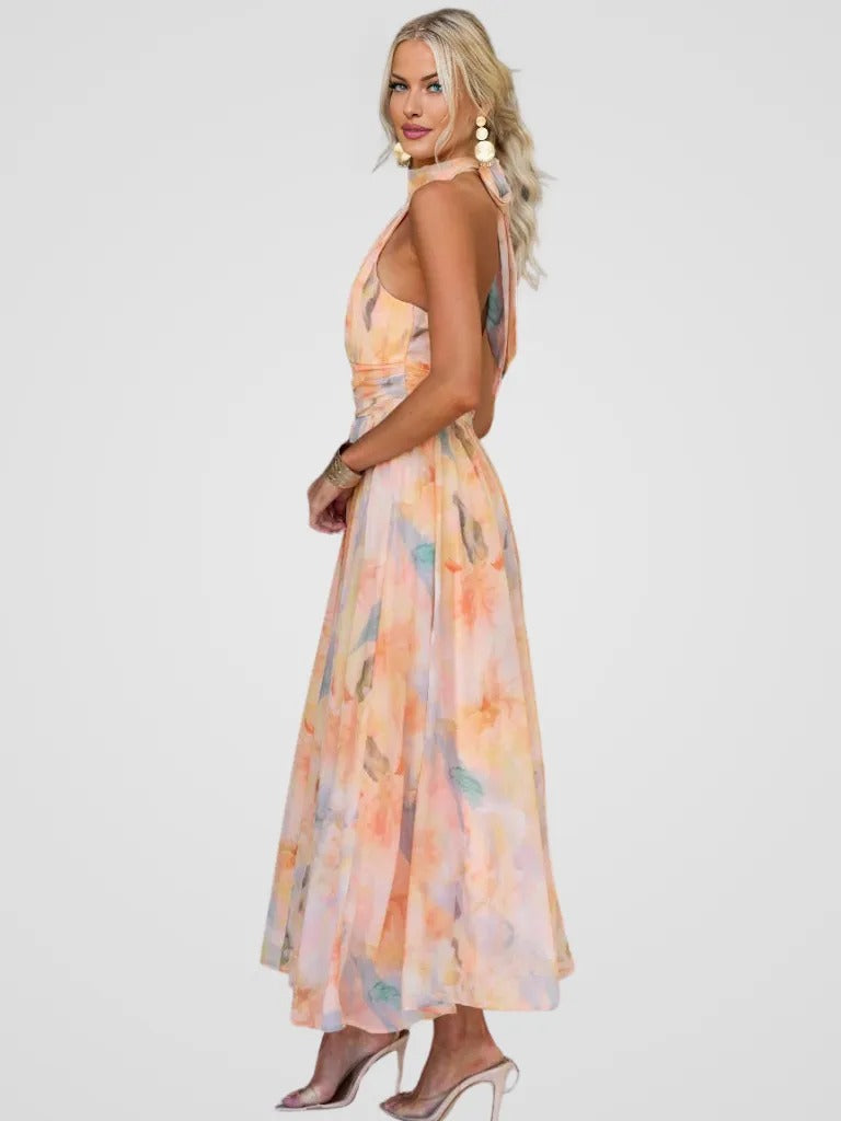 Watercolor Print Halter Neck Ruched Maxi Dress 2