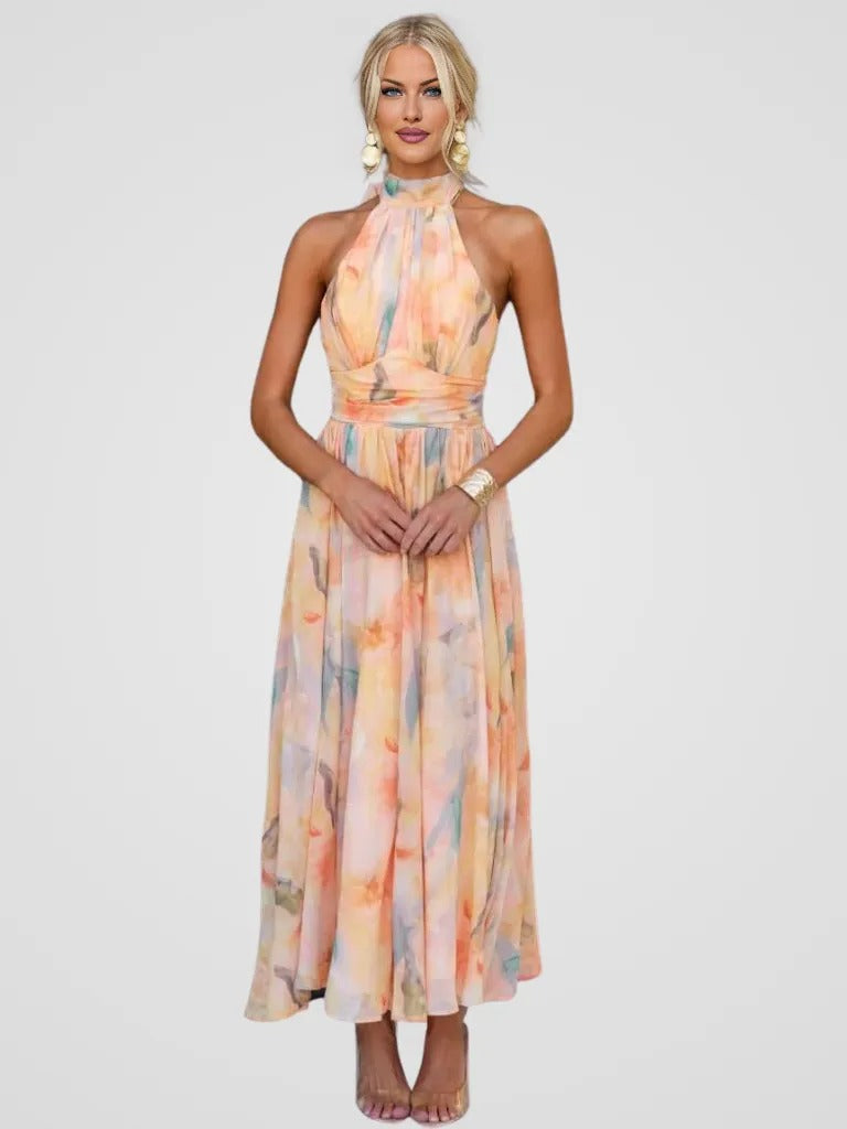 Watercolor Print Halter Neck Ruched Maxi Dress