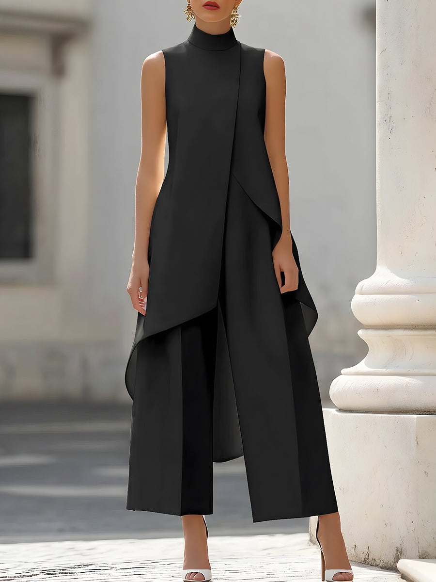 Sleeveless Mock Neck Draped Top and Wide Leg Pants Two Piece Set 6