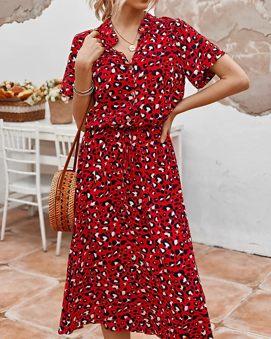 Leopard Print Short Sleeve Button Down A-Line Midi Dress