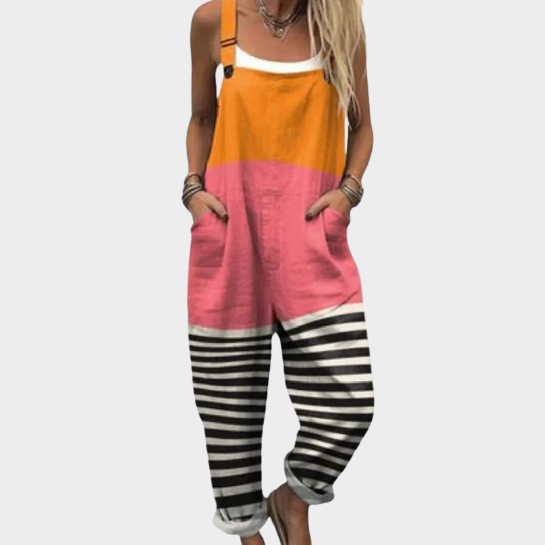 Colorblock Striped Wide Strap Overall Jumpsuit